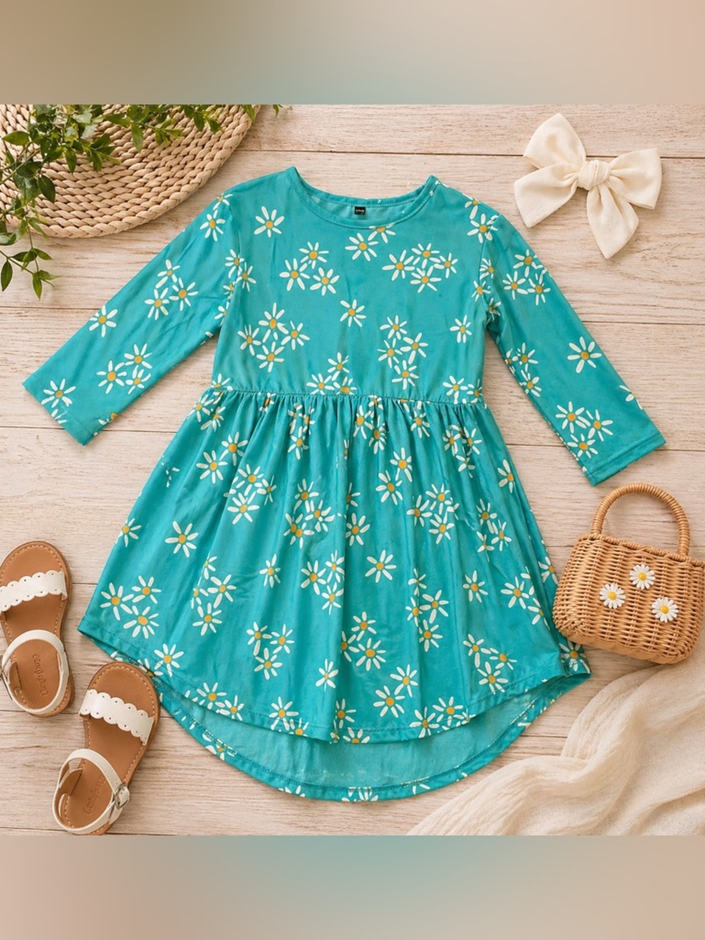 Tea Collection Girls Dress Teal Daisy Floral Size 14 Cotton Long Sleeve